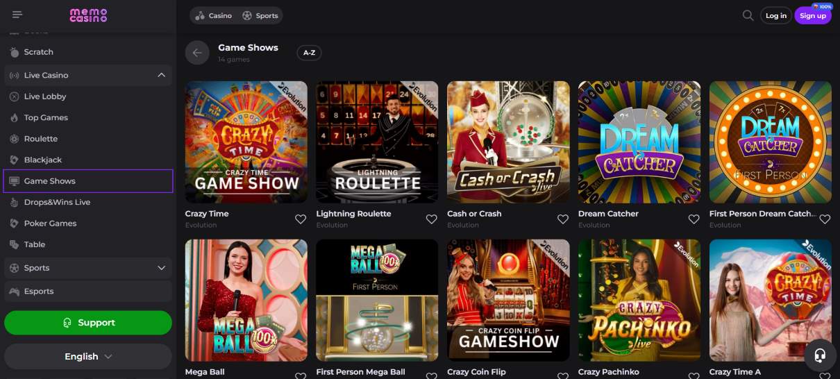 Memo Casino Live Game Show Games